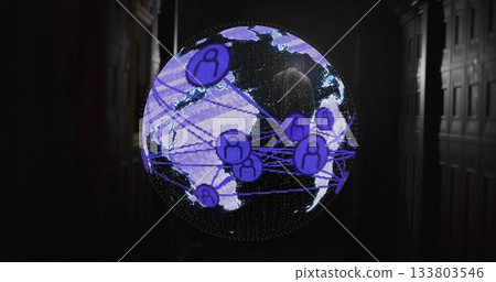 Displaying holographic globe showing global network in dim wood-paneled corridor, with purple icons Displaying holographic globe showing global network in dim wood-paneled corridor, with purple icons 133803546