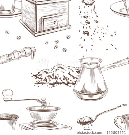 Seamless pattern with a Turkish coffee pot and ground coffee poured into it, a cup of hot coffee on a saucer with roasted coffee beans,hand coffee grinder.Vector minimalistic line art for menu design Seamless pattern with a Turkish coffee pot and ground coffee poured into it, a cup of hot coffee on a saucer with roasted coffee beans,hand coffee grinder.Vector minimalistic line art for menu design 133803551