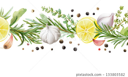Watercolor illustration of a vibrant border featuring rosemary, thyme, garlic, lemon, and peppercorns. Isolated on transparent background Watercolor illustration of a vibrant border featuring rosemary, thyme, garlic, lemon, and peppercorns. Isolated on transparent background 133803582