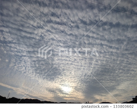 Scale clouds spreading across the sky at dusk and the setting sun 133803602