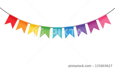 Colorful decorative flags in a vibrant rainbow arrangement on a string . Isolated on transparent background Colorful decorative flags in a vibrant rainbow arrangement on a string . Isolated on transparent background 133803627