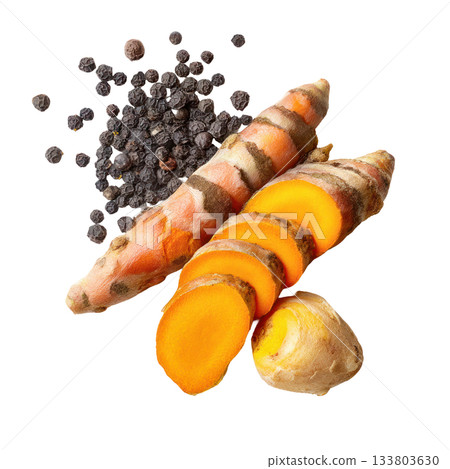 Fresh turmeric roots sliced with whole roots and black peppercorns on a bright background showcasing vibrant colors and textures. Isolated on transparent background Fresh turmeric roots sliced with whole roots and black peppercorns on a bright background showcasing vibrant colors and textures. Isolated on transparent background 133803630