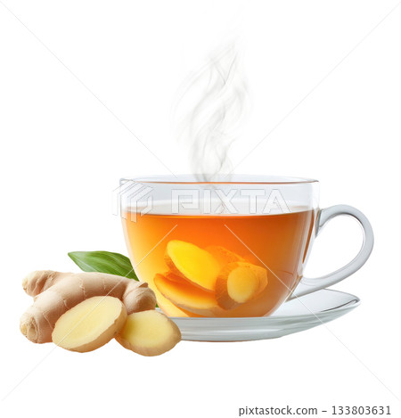 Hot ginger tea in a clear cup with floating ginger slices and steam, perfect for cozy moments and relaxation. Isolated on transparent background Hot ginger tea in a clear cup with floating ginger slices and steam, perfect for cozy moments and relaxation. Isolated on transparent background 133803631