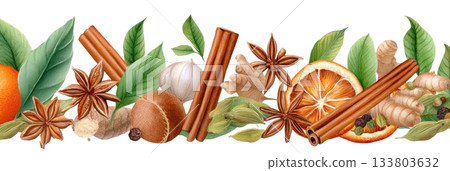Watercolor illustration of a vibrant border featuring spices, herbs, and citrus fruits with rich textures and colors for culinary design. Isolated on transparent background Watercolor illustration of a vibrant border featuring spices, herbs, and citrus fruits with rich textures and colors for culinary design. Isolated on transparent background 133803632