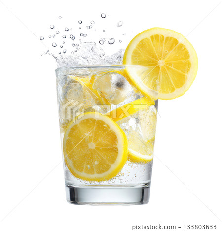 Glass of sparkling lemon soda with fresh lemon slices and ice, capturing refreshing summer vibes and vibrant colors. Isolated on transparent background 133803633