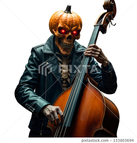 This image shows a skeleton with a pumpkin head playing a double bass 133803694