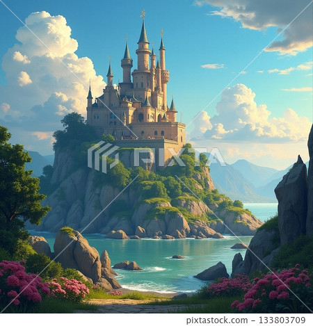 Majestic castle surrounded by tranquil waters and vibrant blooms Generative AI 133803709