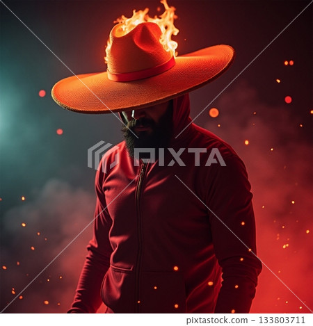 Mysterious figure with fiery hat in dramatic atmosphere Generative AI 133803711