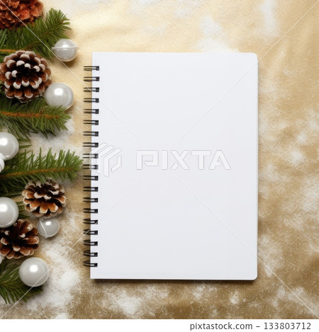 Blank notebook placed on a sparkling gold surface with pine branches and decorative ornaments during the holiday season 133803712