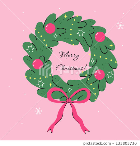Festive Christmas wreath with a pink bow. Vector graphics Festive Christmas wreath with a pink bow. Vector graphics 133803730