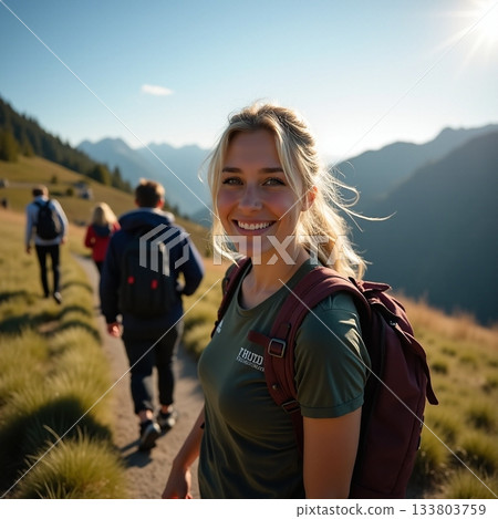 Hiking journey through mountain trails with cheerful companions Generative AI 133803759