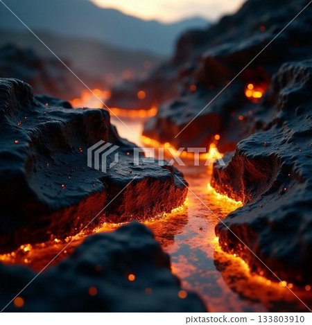 Lava flows illuminate rocky terrain during sunset Generative AI 133803910