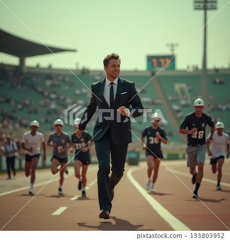 Businessman races against young athletes on a track Generative AI 133803952