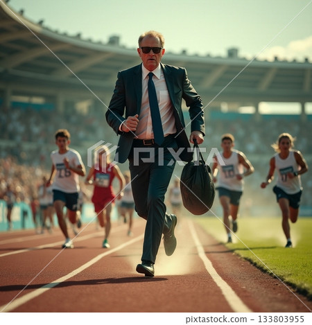 Businessman dashes down track while runners sprint behind Generative AI 133803955