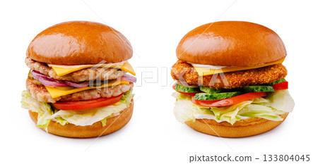 Delicious chicken and beef burgers stacked high with fresh toppings 133804045