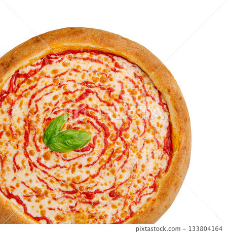 Homemade pizza with fresh basil and tomato sauce ready to be baked 133804164