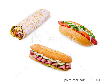 Tasty sandwich and wrap variety on a clean white background 133804165