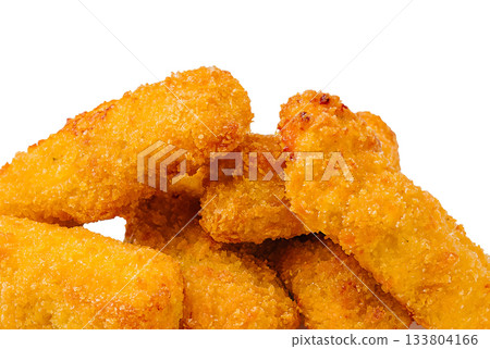 Crispy golden chicken tenders served in a delicious stack 133804166