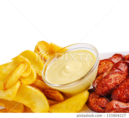 Savory sausage with crispy chips and creamy dip on a white plate 133804227