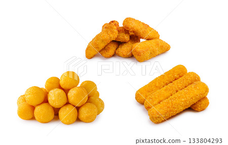 Variety of golden fried snacks arranged on a plain background 133804293