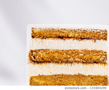 Delicious layered cake with cream frosting ready for dessert at a party Delicious layered cake with cream frosting ready for dessert at a party 133804299