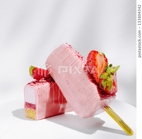 Delicious pink ice cream pops with strawberries on a white background 133804342