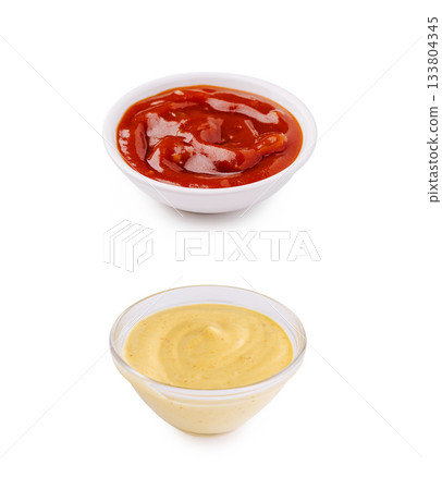 Popular condiments served in small bowls at a casual dining setting 133804345
