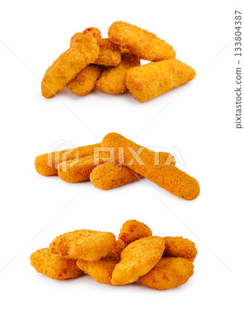 Delicious assortment of crispy fried snacks on a white background Delicious assortment of crispy fried snacks on a white background 133804387