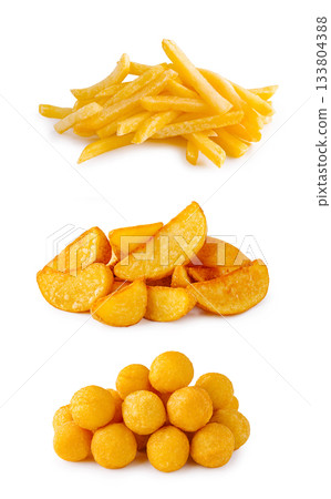 Different types of fried potatoes served on a white background Different types of fried potatoes served on a white background 133804388