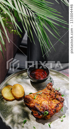 Delicious grilled chicken served with sauce and seasoned potatoes at restaurant 133804446