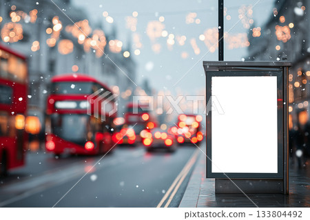 London winter banner mockup with festive lights and iconic bus blur. London winter banner mockup with festive lights and iconic bus blur. 133804492