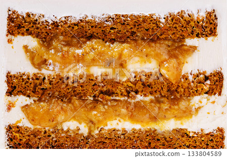 Delicious dessert featuring layers of sweet filling and soft bread Delicious dessert featuring layers of sweet filling and soft bread 133804589