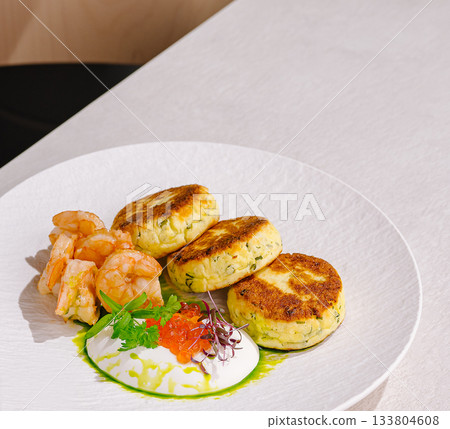 Delicious seafood dish featuring shrimp and creamy cakes served on a plate 133804608