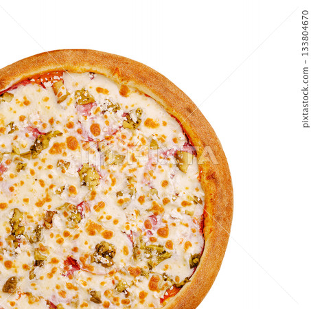 Tasty pizza with cheese and toppings ready for sharing at a gathering Tasty pizza with cheese and toppings ready for sharing at a gathering 133804670