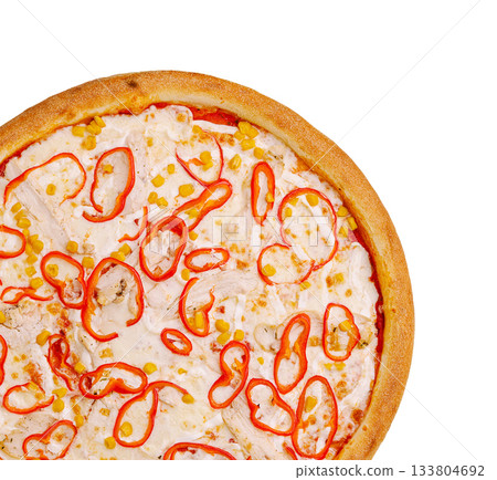 Delicious pizza topped with spicy peppers and chicken in a circular shape Delicious pizza topped with spicy peppers and chicken in a circular shape 133804692