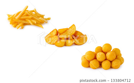 Variety of potato dishes on a white background with different shapes Variety of potato dishes on a white background with different shapes 133804712