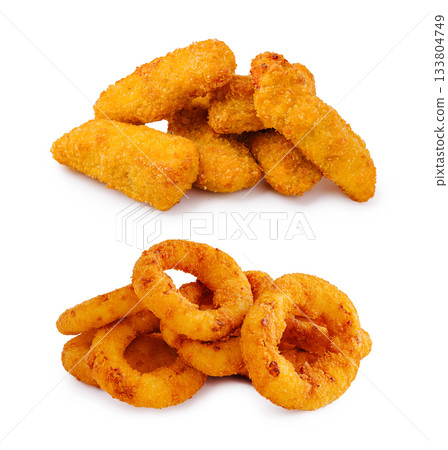 Crispy golden fried snacks served on a clean white background 133804749