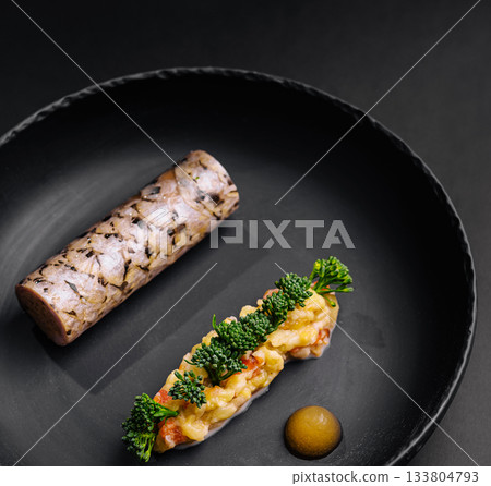 Gourmet dish showcasing exquisite ingredients and modern presentation Gourmet dish showcasing exquisite ingredients and modern presentation 133804793