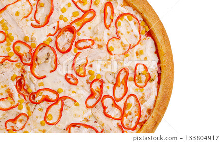 Unique pizza topped with sliced red chili and corn in a crust Unique pizza topped with sliced red chili and corn in a crust 133804917