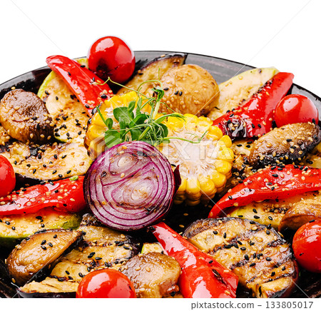 Colorful vegetable platter featuring grilled mushrooms, peppers, and corn Colorful vegetable platter featuring grilled mushrooms, peppers, and corn 133805017