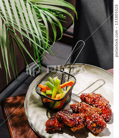 Delicious spicy chicken wings served with fresh vegetables on a stylish plate Delicious spicy chicken wings served with fresh vegetables on a stylish plate 133805028