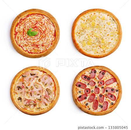 Delicious variety of four pizzas with different toppings on a white background Delicious variety of four pizzas with different toppings on a white background 133805045