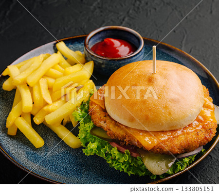 Delicious crispy chicken burger served with golden fries and ketchup Delicious crispy chicken burger served with golden fries and ketchup 133805151
