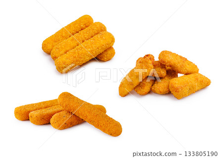 Crispy cheese sticks and croquettes arranged on white surface Crispy cheese sticks and croquettes arranged on white surface 133805190