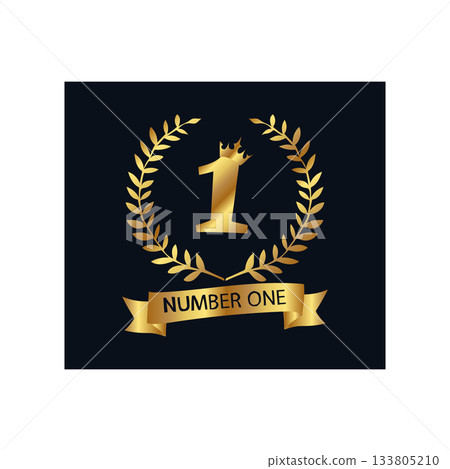 Golden Number One Award Emblem with Laurel Wreath golden 1 winner vector. 1 winner gold 133805210
