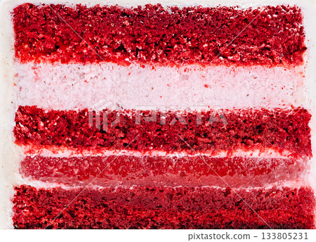 Layers of delicious red velvet cake with cream filling ready to be served Layers of delicious red velvet cake with cream filling ready to be served 133805231