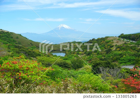 View of Mount Fuji and Kogaike Pond in early summer against the backdrop of a blue sky from the Izu Skyline Ver.2 View of Mount Fuji and Kogaike Pond in early summer against the backdrop of a blue sky from the Izu Skyline Ver.2 133805263