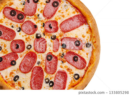 Delicious pepperoni pizza topped with black olives ready to enjoy Delicious pepperoni pizza topped with black olives ready to enjoy 133805298