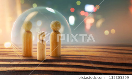 Wooden figures stand protected under a glass dome on a wooden table. Concept of social security Wooden figures stand protected under a glass dome on a wooden table. Concept of social security 133805299