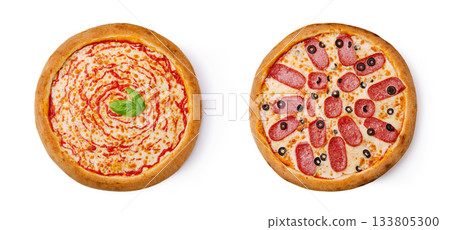 Delicious pizza varieties on a white background with vibrant toppings Delicious pizza varieties on a white background with vibrant toppings 133805300